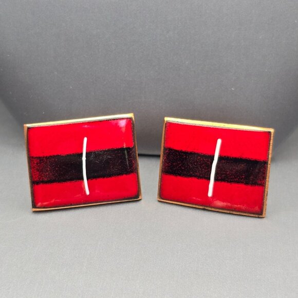 VTG MCM Copper & Enamel Cufflinks 1.25" Red Black Abstract Design Bullet Back - Picture 1 of 4